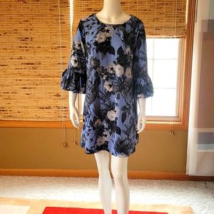 Nina Leonard blue multi, size large. Knee length dress with puffed sleeve.